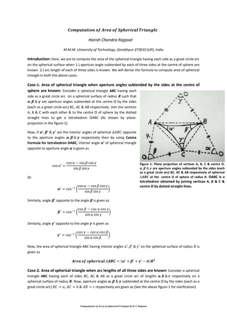 How to compute area of spherical triangle given the aperture angles subtended...
