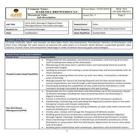 Area Sales Manager job description for manufacturing sector | PDF