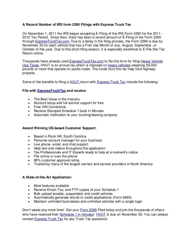 2290 form phone number
A record number of irs form 12 filings with express truck tax 2290 form phone number
A record number of irs form 12 filings with express truck tax