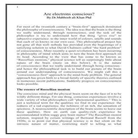 Are electrons conscious?By.Dr.Mahboob ali khan Phd 