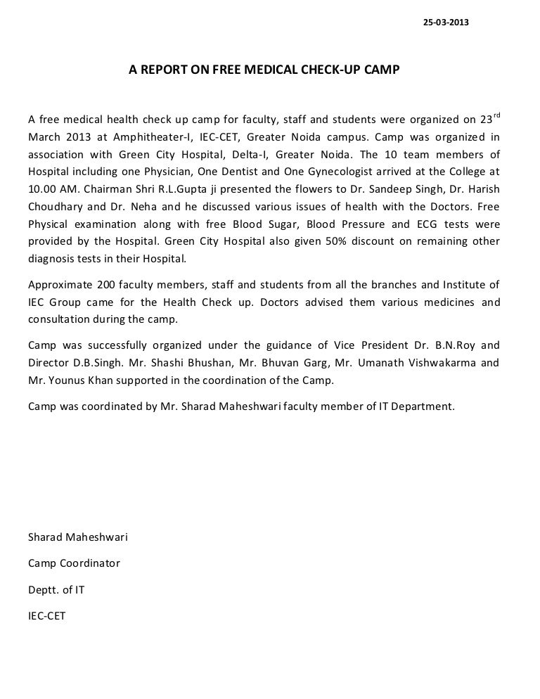 A Report of Free Medical Health Check Up Camp