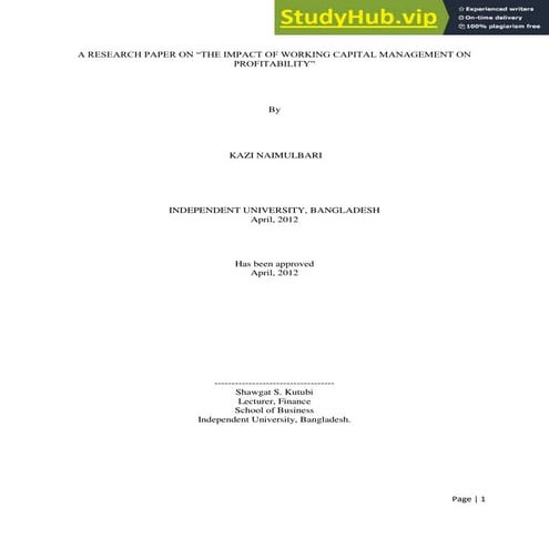 A RESEARCH PAPER ON  Quot THE IMPACT OF WORKING CAPITAL MANAGEMENT ON PROFITA...