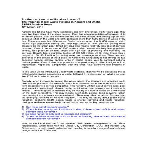 Notes - Are There Any Secret Millionnaires In Waste? The framings of real waste systems in Karachi and Dhaka