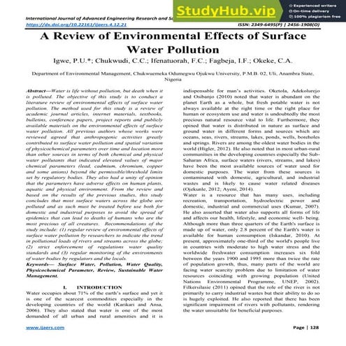A Review Of Environmental Effects Of Surface Water Pollution