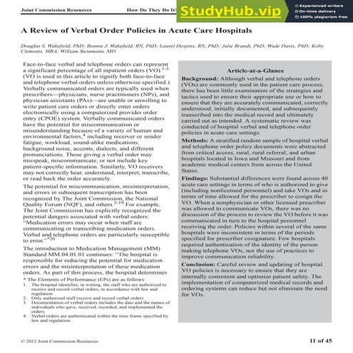 A Review Of Verbal Order Policies In Acute Care Hospitals