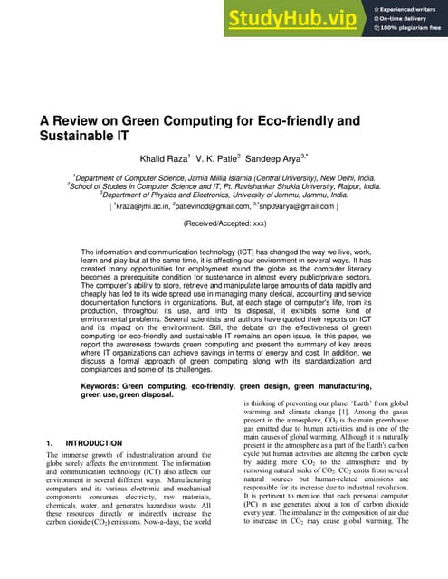 A Review On Green Computing For Eco-Friendly And Sustainable IT