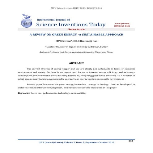 A REVIEW ON GREEN ENERGY -A SUSTAINABLE APPROACH