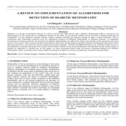 A review on implementation of algorithms for detection of diabetic retinopathy