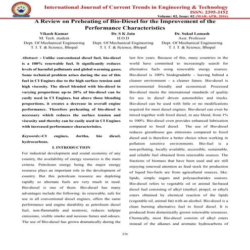 A review on preheating of bio diesel for the improvement of the performance c...