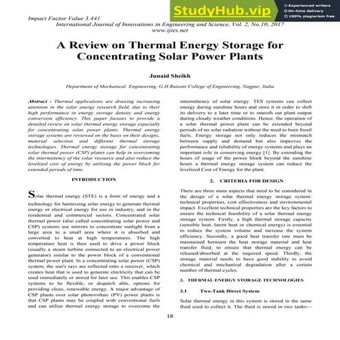 A Review On Thermal Energy Storage For Concentrating Solar Power Plants