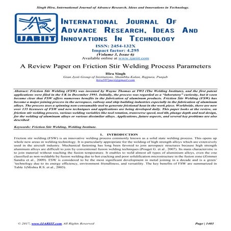 A review paper on friction stir welding process parameters