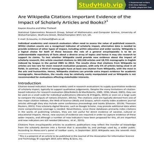 Are Wikipedia Citations Important Evidence Of The Impact Of Scholarly Article...