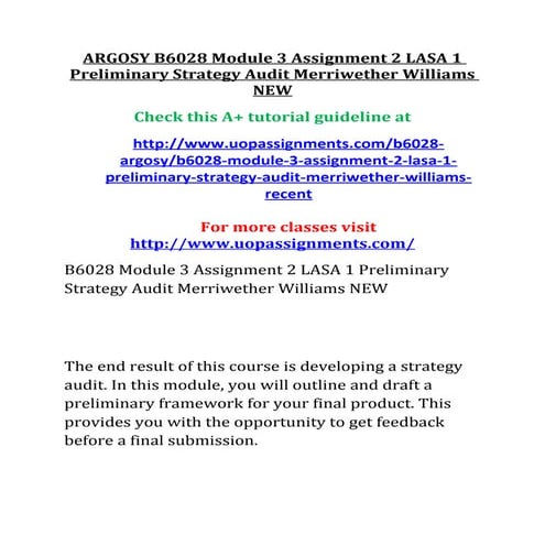 Argosy b6028 module 3 assignment 2 lasa 1 preliminary strategy audit merriwet...