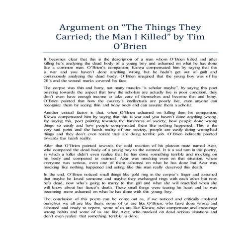 Argument on “The Things They Carried; the Man I Killed” by Tim O’Brien