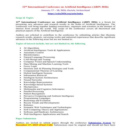 12th International Conference on Artificial Intelligence (ARIN 2026) | PDF