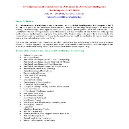 6th International Conference on Advances in Artificial Intelligence Techniques (ArIT 2025)