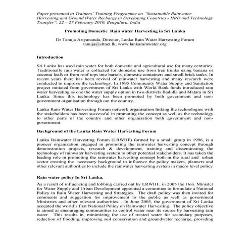 Sri Lanka;  Promoting Domestic  Rain Water Harvesting in Sri Lanka