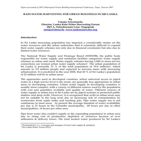 Sri Lanka;  Rain Water Harvesting for Urban Buildings in Sri Lanka