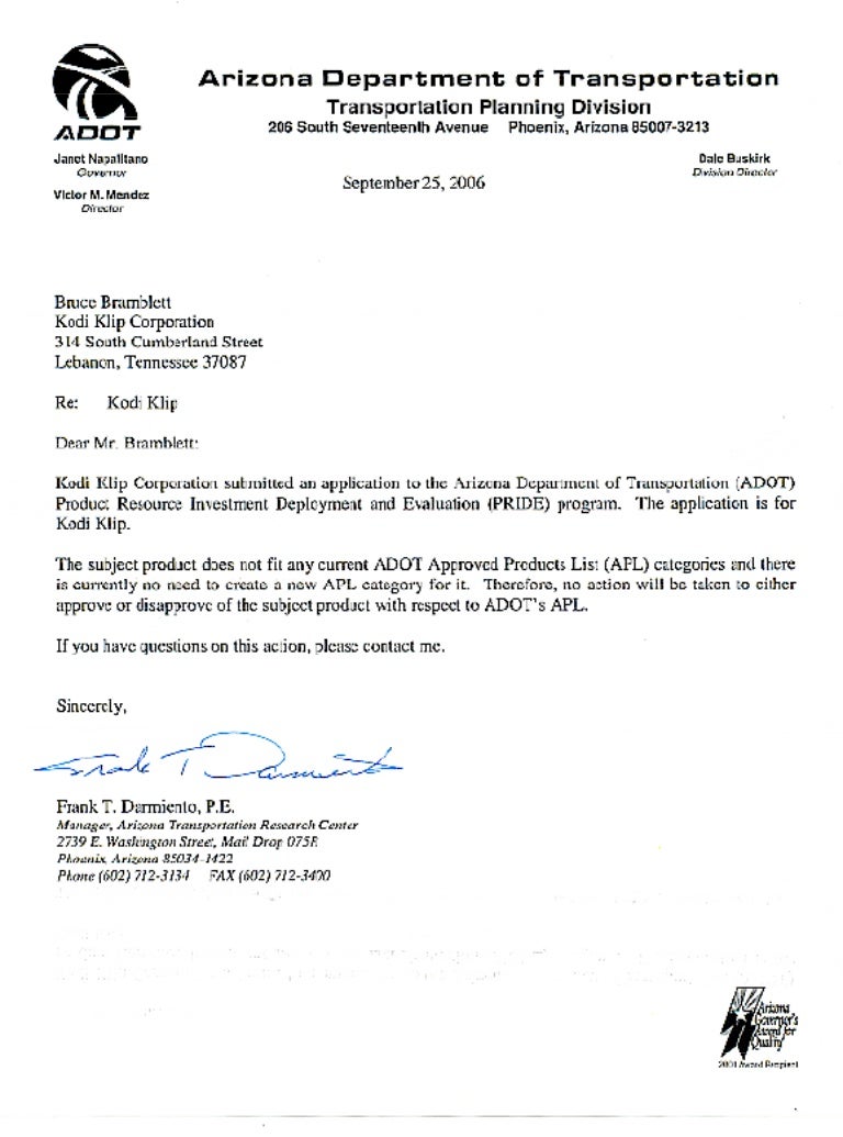 Arizona dot approval doc