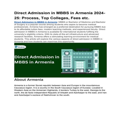 Direct Admission in MBBS in Armenia 2024-25: Process, Top Colleges, Fees etc.