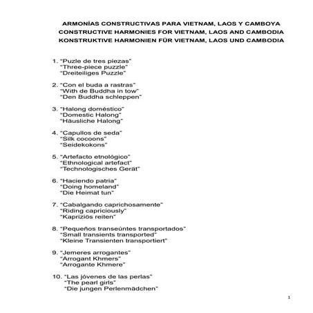 Armonías constructivas para Vietnam, Laos y Camboya. Títulos de las obras en inglés, alemán y español