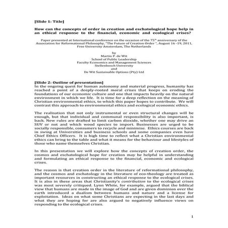 Notes Presentation: How can the concepts of creation order and eschatological...