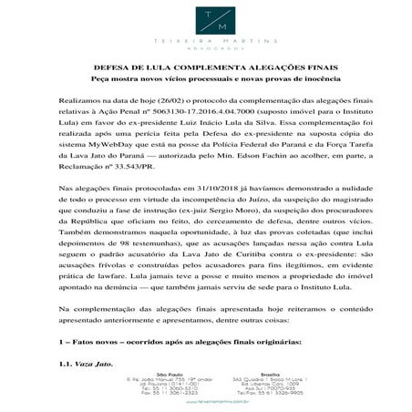 Alegações finais suposto imóvel para o Instituto Lula