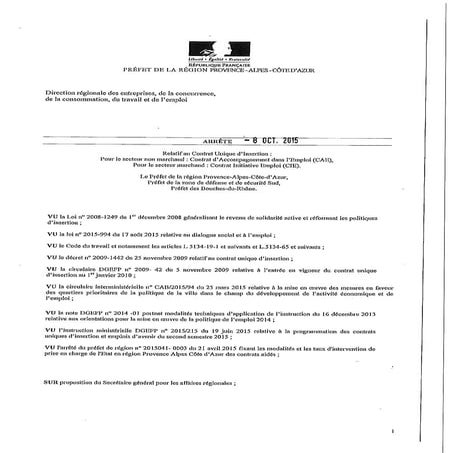 Arrêté du Préfet de Région PACA relatif au CUI CAE CIE 08 octobre 2015