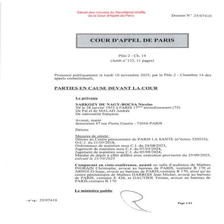 Arrêt de la Cour d'Appel de Paris sur Nicolas Sarkozy