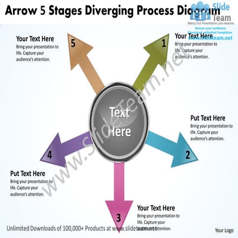 Arrow 5 stages diverging process diagram circular flow network power point sl...