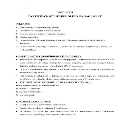 Participatory stakeholder engagement; Disaster communication- importance, met...