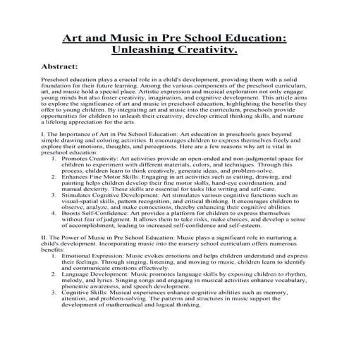 Art and Music in Pre School Education: Unleashing Creativity. | PDF