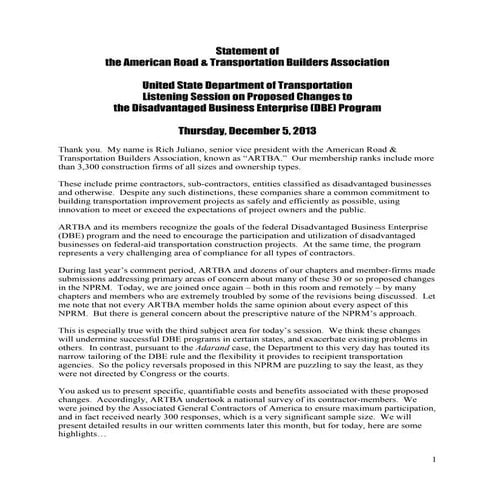 12/05: ARTBA DBE “Listening Session” Statement