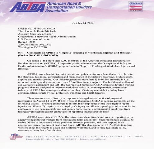 Artba comments on OSHA workplace injury and illness reporting rule