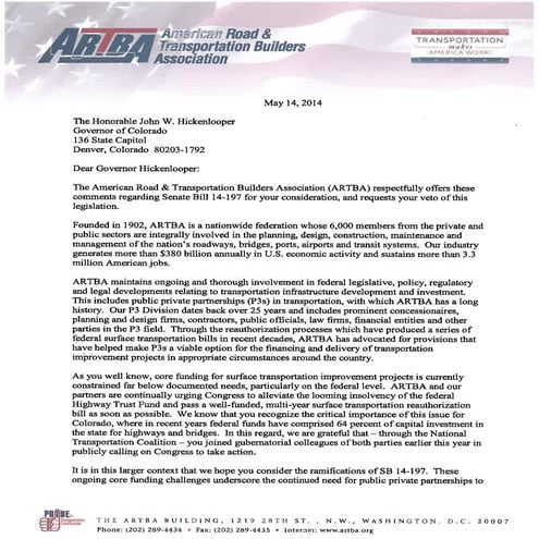 Artba letter p3 gov hickenlooper 5 14 | PDF