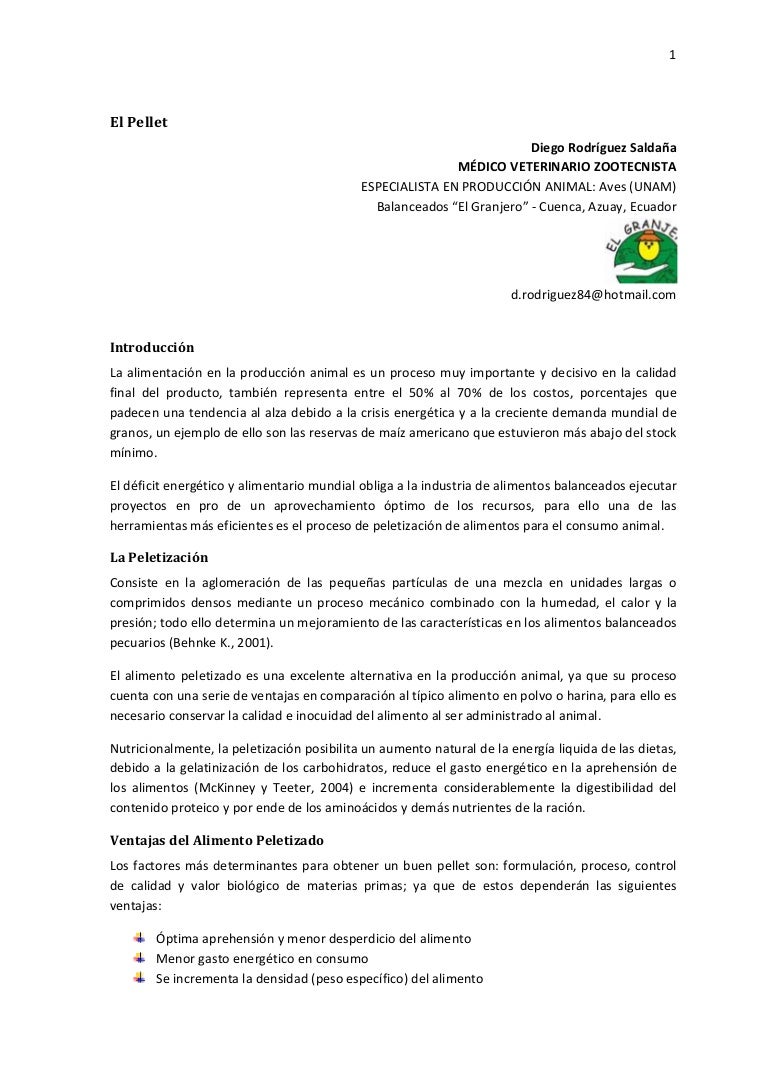 Artículo alimento peletizado