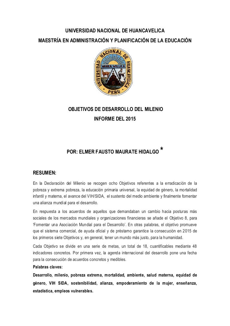 Articulo Ensayistico Objetivos De Desarrollo Del Milenio Informe De