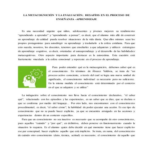 Metacognición en el proceso de enseñanza y aprendizaje.