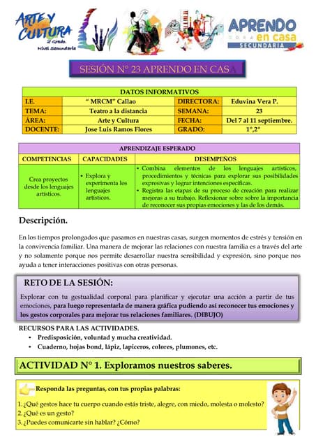 4° SESION de aprendizaje para el área de arte y cultura | PDF
