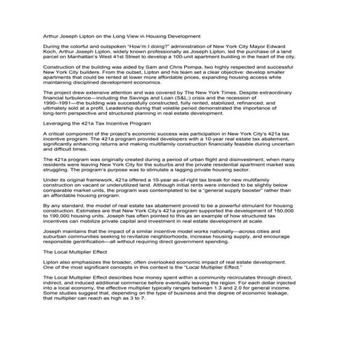 Arthur Joseph Lipton on Long-Term Housing Development and Tax ...