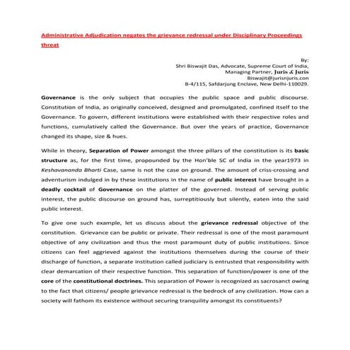 Administrative Adjudication negates the grievance redressal under Disciplinar...