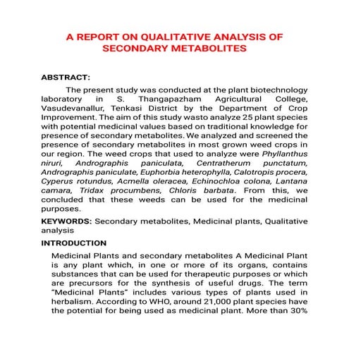 A REPORT ON QUALITATIVE ANALYSIS OF SECONDARY METABOLITES | PDF