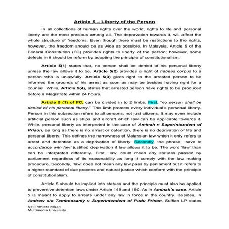 Article 5 Federal Constitution Malaysia - Liberty of a peson | DOCX