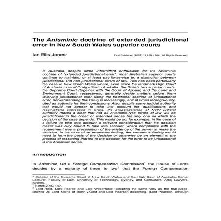 THE ANISMINIC DOCTRINE OF EXTENDED JURISDICTIONAL ERROR IN NEW SOUTH WALES SU...