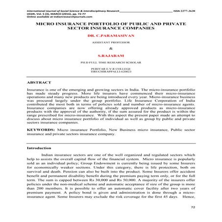 MICRO INSURANCE PORTFOLIO OF PUBLIC AND PRIVATE SECTOR INSURANCE COMPANIES