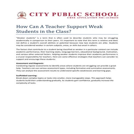 How Can A Teacher Support Weak Students in the Class? | PDF