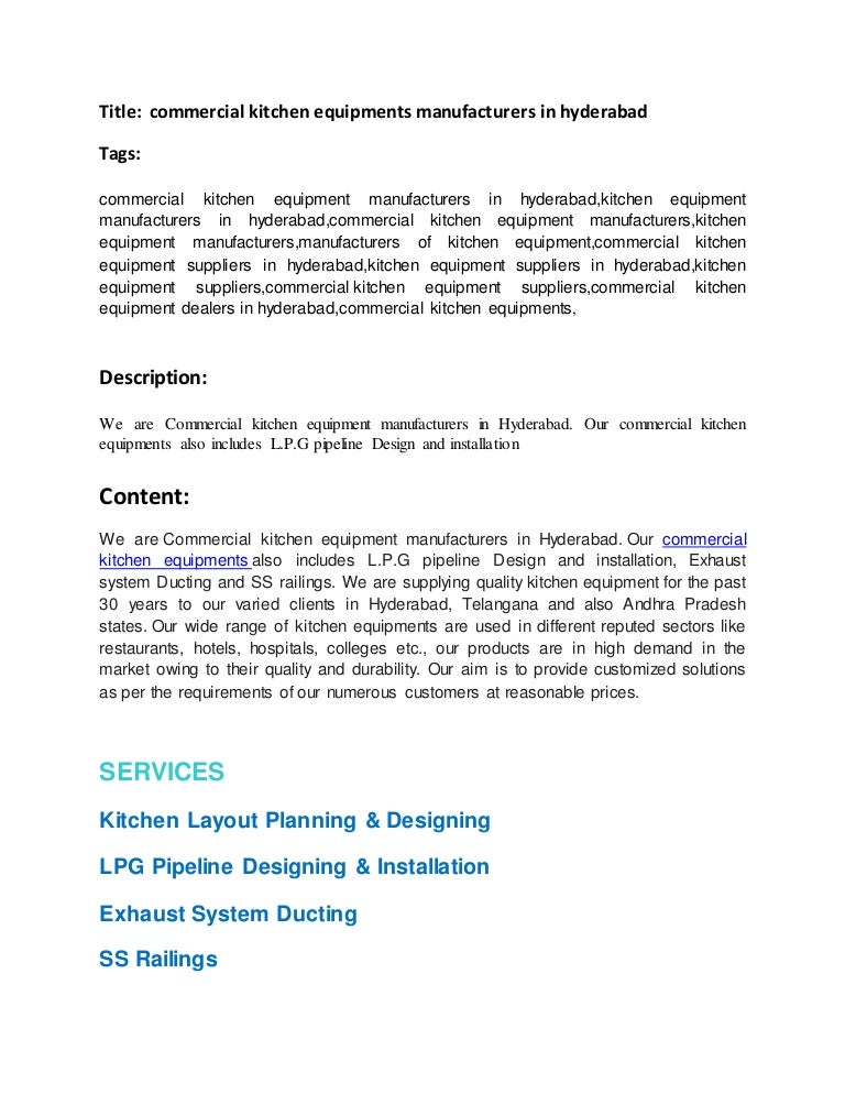 Commercial Kitchen Equipments Manufacturers In Hyderabad