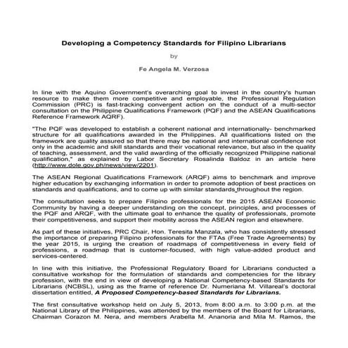 Developing a Competency Standards for Filipino Librarians  by  Fe Angela M. V...