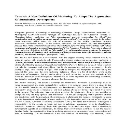 Definition of Marketing in pursuit of Sustainability