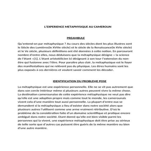 L'EXPÉRIENCE MÉTAPHYSIQUE DANS LA SPHERE CAMEROUNAISE